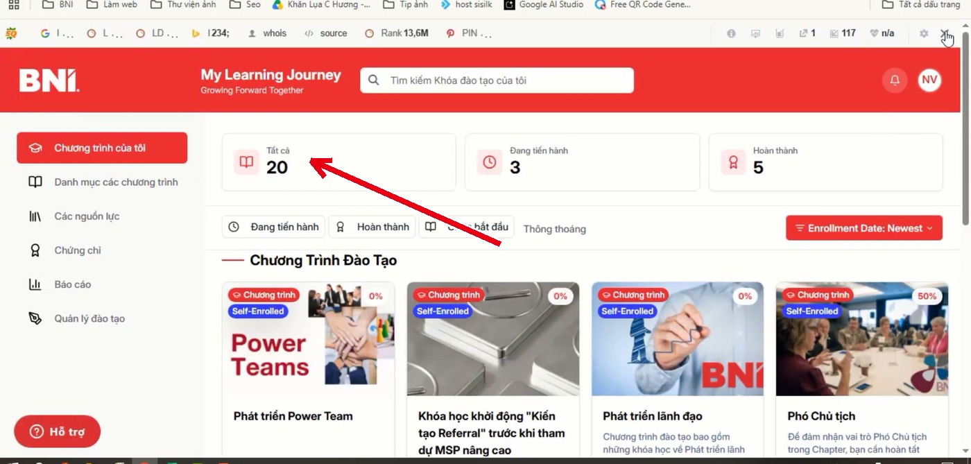 Mục Chương trình của tôi hiển thị số bài đã đăng ký, đang học, đã hoàn thành